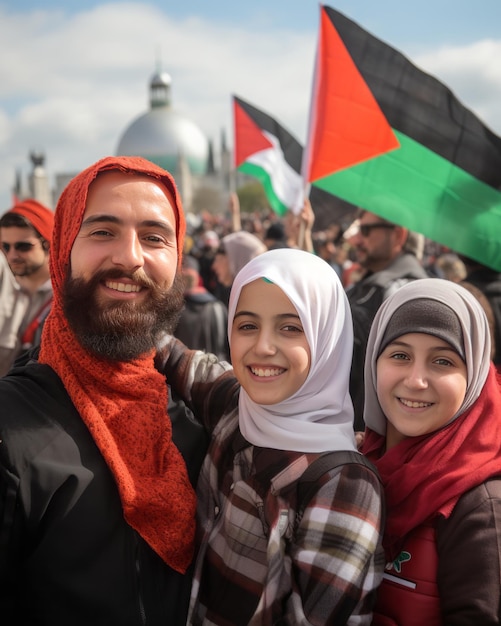 Foto herzberührende einheit eine glückliche palästinensische familie posiert vor der al-aqsa
