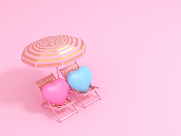 Herzen auf Luxusstühlen und Regenschirm auf pastellrosa Hintergrund 3D-Rendering-Illustration