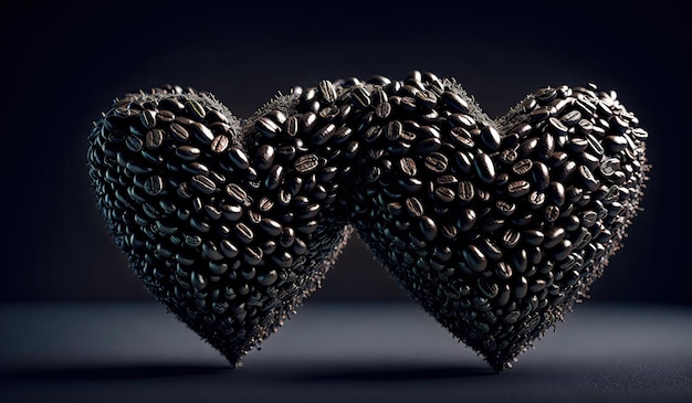 Herzen aus Kaffeebohnen auf schwarzem Hintergrund generative KI