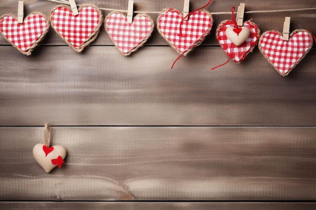 Herzen hängen an einem Seil über einem hölzernen Hintergrund Valentinstag Hintergrund