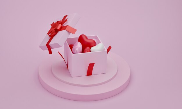 Foto herzen in geschenkbox auf präsentationspodest mit rosa farbhintergrund. ide für mutter, valentinstag, geburtstag, 3d-rendering.