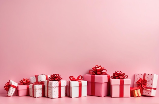 Herzens- und Geschenkedekoration auf rosa Hintergrund