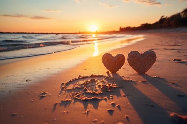 Herzensform im Sand am Strand des sonnenuntergehenden warmen Lichts