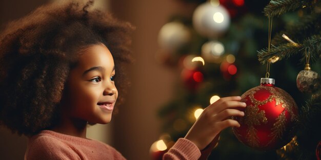 Herzerwärmende Szene eines afroamerikanischen Kindes, das damit beschäftigt ist, einen Weihnachtsbaum zu schmücken, der ein glänzendes Ornament in der Hand hält. KI-generativ