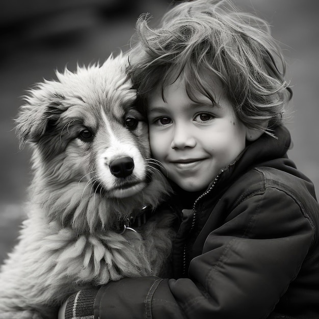 Herzerwärmendes Bild eines Jungen, der einen Hund umarmt