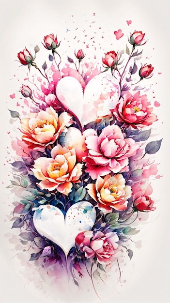 Herzförmige Aquarell Illustration eines Blumenarrangements Bouquet bunte Multi-Blüte
