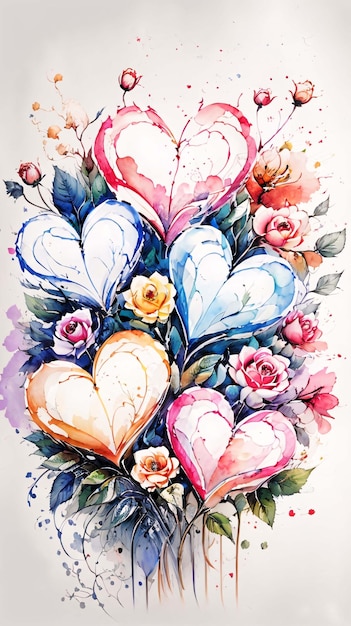 Herzförmige Aquarell Illustration eines Blumenarrangements Bouquet bunte Multi-Blüte