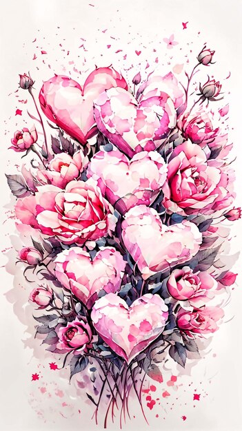 Herzförmige Aquarelle Illustration von Blumenarrangements Bouquet rosa Mehrblumen