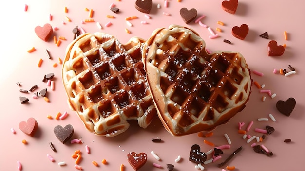 Foto herzförmige belgische waffeln mit farbenfrohen spränkeln auf rosa hintergrund konzept süßigkeiten waffeln kunst nahrungsmittelfotografie dessert vergnügen farbige kreationen