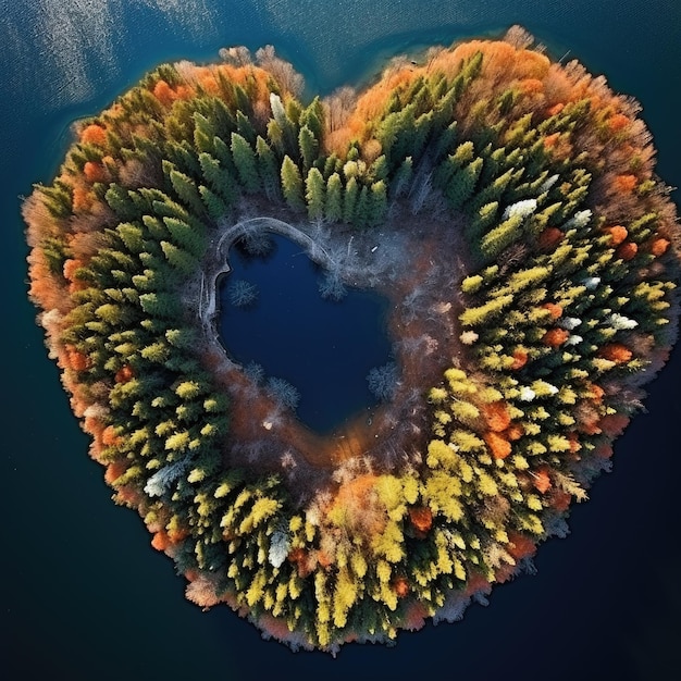 Herzförmige Insel im Waldsee aus der Luft von einer Drohne
