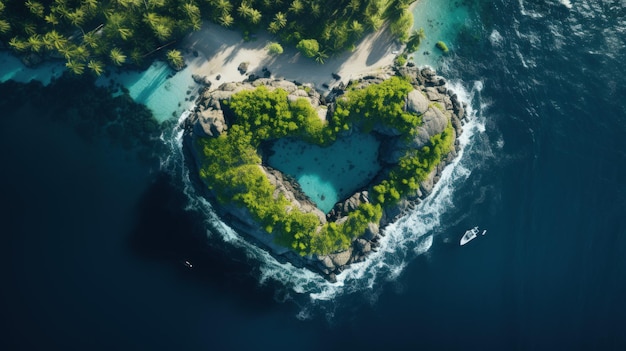 Herzförmige Insel in einer Teleobjektiv-Luftaufnahme des Ozeans mit realistischer Beleuchtung