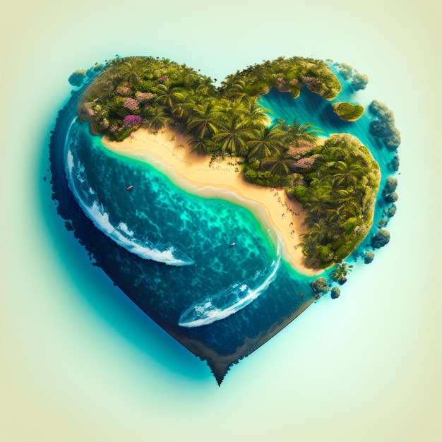 Herzförmige Insel, umgeben von Wasser und Palmen Generative KI