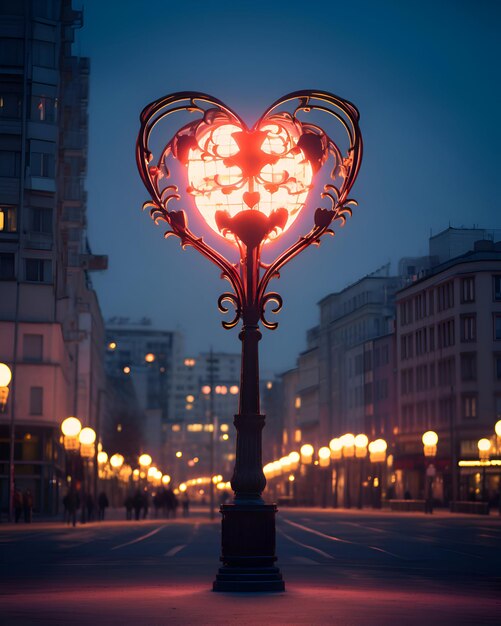 Herzförmige Lampe zum Valentinstag in der Stadt bei Nacht