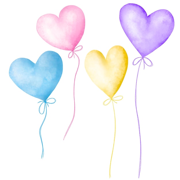 Foto herzförmige luftballons an einem seil mit schleife, handgezeichnetes aquarell