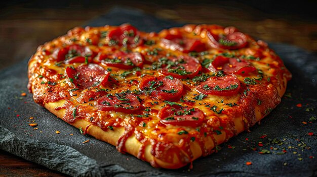 Herzförmige Pizza mit Salami-Käse und Kräutern für den Valentinstag auf einem Holzbrett