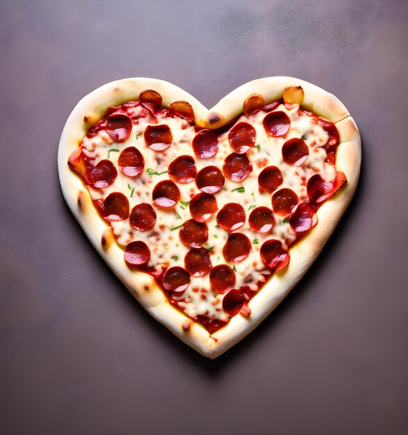 Foto herzförmige pizza mit salami, mozzarella und basilikum auf dunklem hintergrund