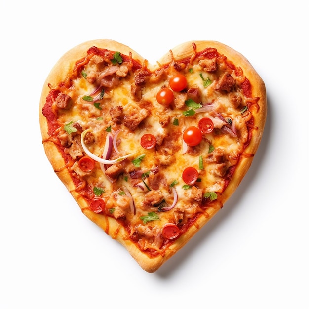 Herzförmige Pizza zum Valentinstag auf Schiefer auf weißem Hintergrund