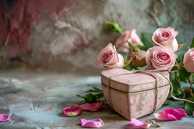 Herzförmige Schachtel und rosa Rosen
