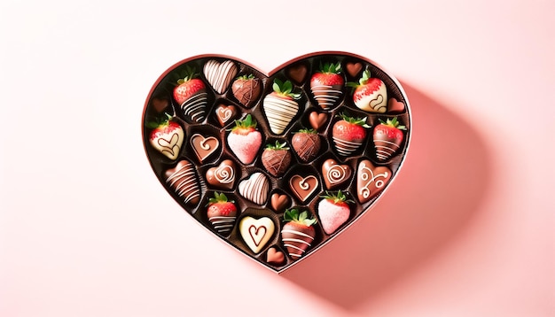 Herzförmige Schachtel voller Gourmet-Schokoladen mit Erdbeeren