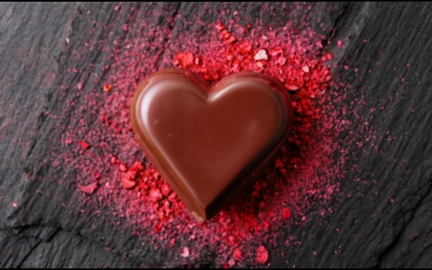 Herzförmige Schokolade mit Schokoladenstückchen im Hintergrund