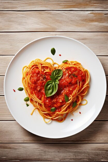 Herzförmige Spaghetti mit Tomatensauce und Parmesankäse auf weißem Teller zum Valentinstag AI Ge