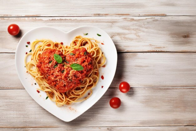 Foto herzförmige spaghetti mit tomatensauce und parmesankäse auf weißem teller zum valentinstag ai ge