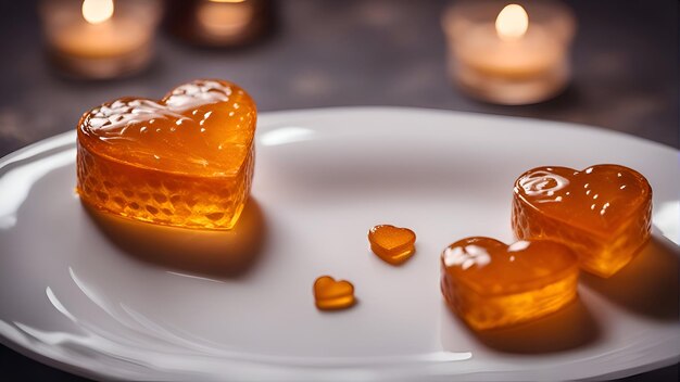 Herzförmige Süßigkeiten auf einem weißen Teller mit Kerzen im Hintergrund