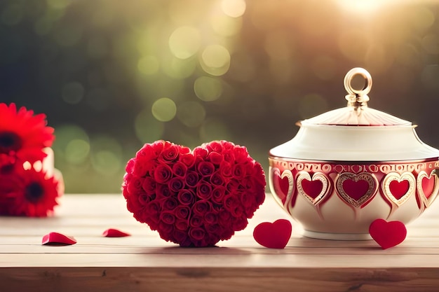 Herzförmige Teekanne und rote Rosen auf einem Holztisch.