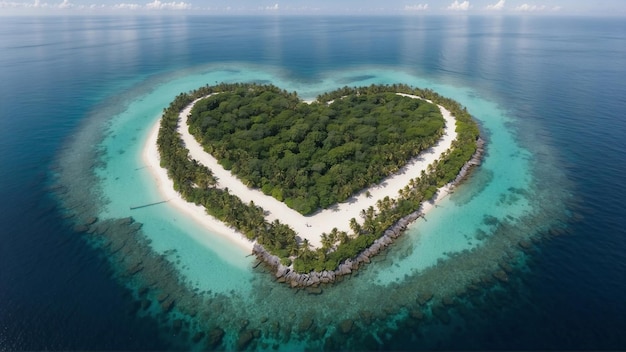 Herzförmige tropische Insel ein Paradies mit erstaunlichen Palmen auf einem weißen Sandstrand Drohnen-Shoot