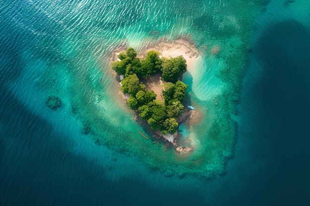 Herzförmige tropische Insel, umgeben von türkisfarbenem Wasser, von oben gesehen, perfekt für romantische Ausflüge und Naturthemen KI