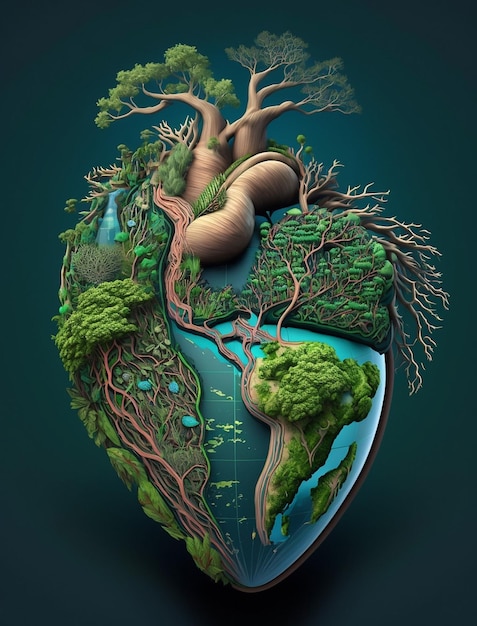Herzförmige Welt mit grünen Blättern und Zweigen von Bäumen Konzept für die Natur der Erde und der Umwelt