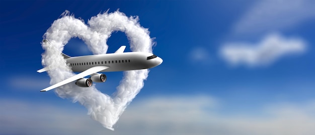 Herzförmige Wolke und ein Flugzeug auf blauem Himmelshintergrund 3D-Darstellung