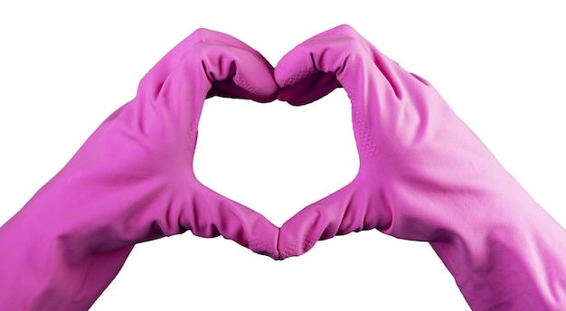 Herzförmige Zeichengeste mit der Hand in violetten Handschuhen des saubereren Reinigungsdienstes mit Liebeskonzept isoliert auf weißem Hintergrund