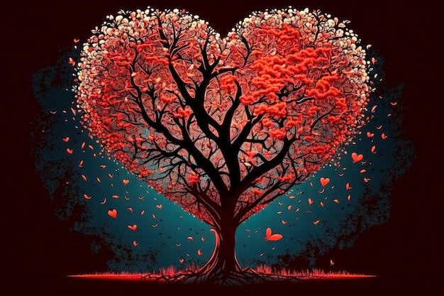 Herzförmiger Baum mit roten Blättern auf schwarzem Hintergrund Generative AI