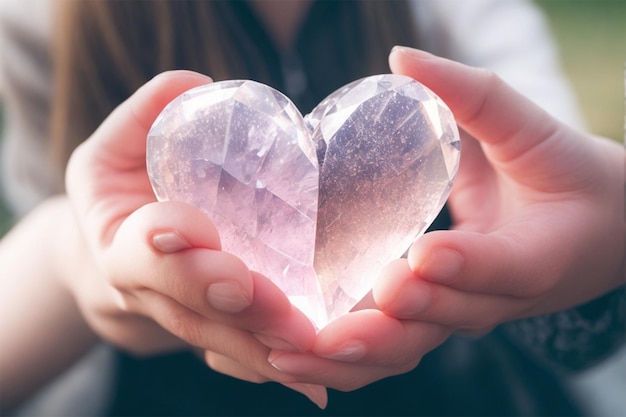 Foto herzförmiger klarer quarzkristall in einer weiblichen hand mit rosa rosenblättern im hintergrund