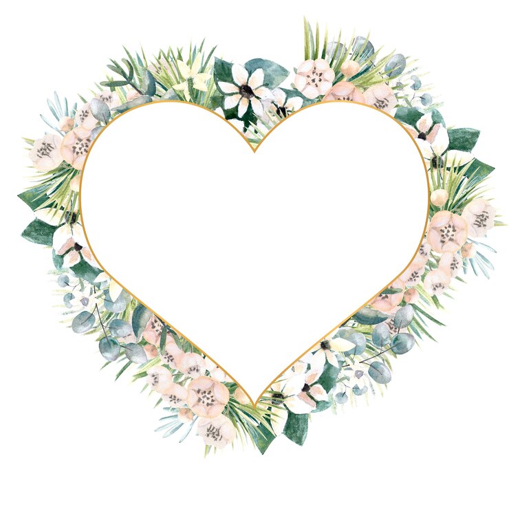 Herzförmiger Rahmen mit kleinen Blüten von Actinidia, Bouvardia, Tropen- und Palmblättern