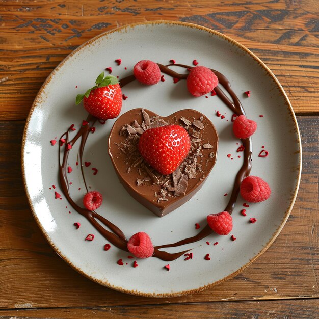 Herzförmiger Schokoladenkuchen mit Himbeeren auf einem Teller