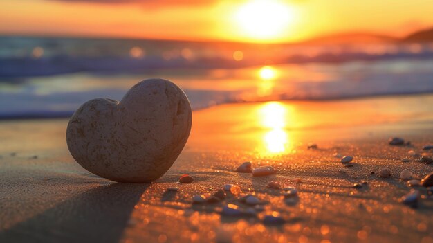 Foto herzförmiger stein am strand, der die essenz eines romantischen sonnenuntergangs einfängt