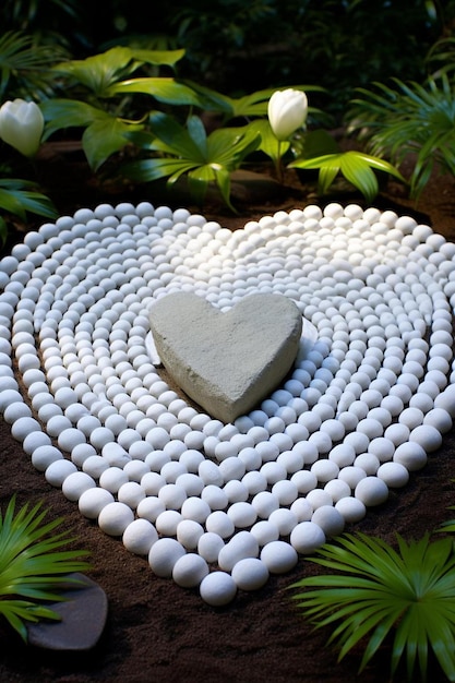 Herzförmiger Stein in einem Garten mit weißen Blumen