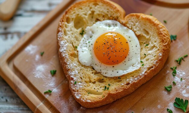 Foto herzförmiges brot mit brot und ei zum frühstück gesundes frühstück