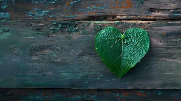 Herzförmiges grünes Blatt auf rustikalem Holzhintergrund, das die Verbindung zur Natur und das Umweltbewusstsein symbolisiert
