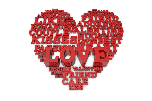 Herzform aus Liebesworten Valentinstag 3D-Rendering