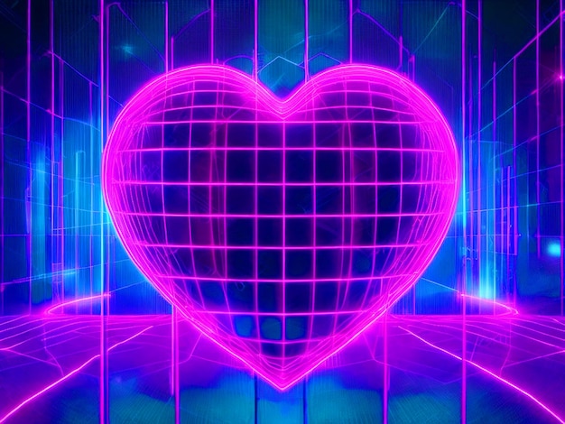 Herzform mit Synthwave-Wireframe-Netzillustration Abstrakter digitaler Hintergrund 80er 90er Retro f