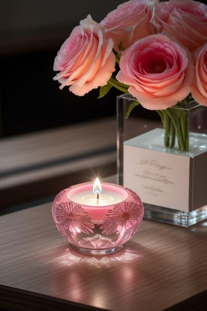 Foto herzformvase mit kerzen und rosa blumen sitzt auf einem holztisch