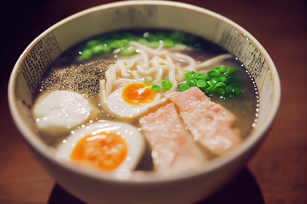 Herzhafte Bouillon mit Fleischstücken in japanischer Tonkotsu-Ramen-Schüssel