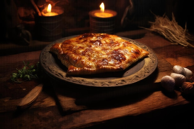 Herzhafte Delight-Fleischpastete, serviert auf einer rustikalen Holzplatte