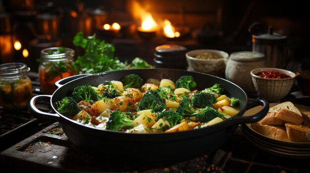 Foto herzhafte gemüsesuppe, die in einem topf kocht