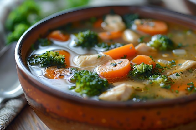 Herzhafte Hühnersuppe mit Brokkoli und Karotten in einer rustikalen Schüssel