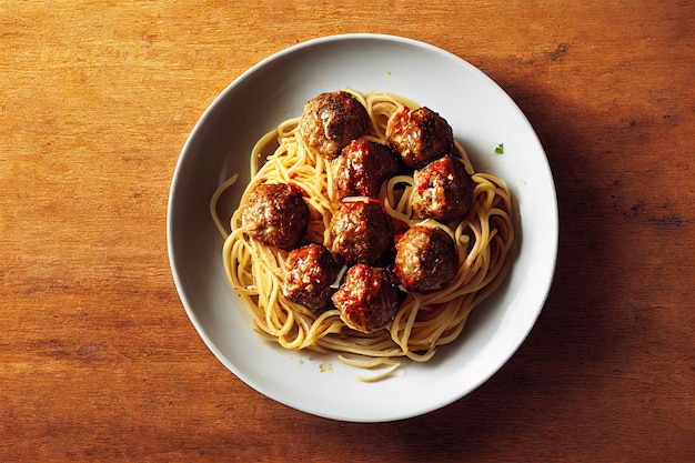 Herzhafte Portion Spaghetti und Fleischbällchen auf weißem Teller für ein köstliches Abendessen