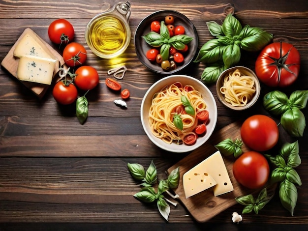 Herzhaftes Spaghettigericht mit Tomatenkäse und mehr auf einem Holztisch